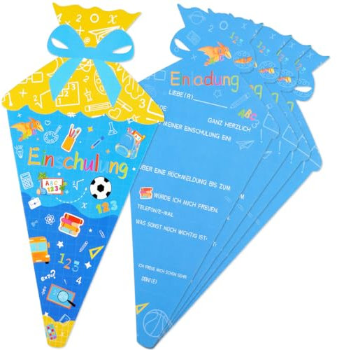 Zuckertüte Geformte Einschulungskarten, Einladung Einschulung Blau, 12 Stück Einschulung Einladungskarten, Einladungen zum Schulanfang, Schulbeginn Partyeinladungen,, für Schulkind Mädchen Junge