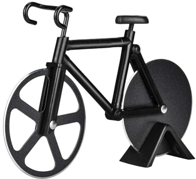 MUYAPAY Pizzaschneider Fahrrad, Antihaftbeschichteter Edelstahl Pizzaroller, Pizzaschere mit Ständer, Pizza Schneider mit Scharfem Schneiderad, für Party, Küche und Esszimmer, 18cm Schwarz