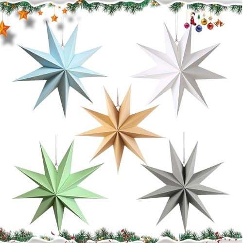 GZGXKJ Lot de 5 Etoiles Papier de Noël 30cm Etoile Noel a Suspendre 3D Etoile Pliante Ornements à Suspendre Noël pour Arbres de Noël, Fenêtres, Tables à Manger