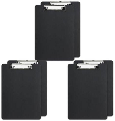 Lot de 6 Porte-Bloc A4 Noir avec Pince Métallique Gommée, Clipboard en Plastique Rigide A4, Planchette pour Bureau, Étudiants, Organisation de Documents (Style 1)