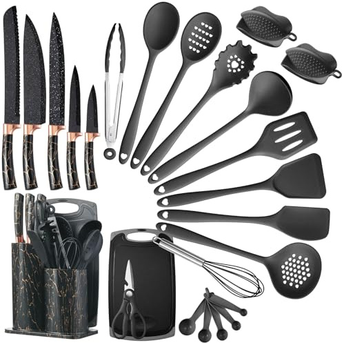LSFCHUJU 25 Stücke Küchen Kochutensilien Set, Silikon Küchenhelfer Set mit Utensilienhalter, Hitzebeständiger Kochbesteck Set, Spülmaschinenfest, Antihaftbeschichtete (Rose Gold Black)