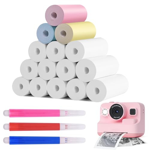 Furuising 15 Rotoli Macchina Fotografica, 12 Rotoli Bianchi e 3 Colorati Carta per Macchina Fotografica, 57mm x 25mm Rotoli Carta Termica con 3 Penne per Macchina Fotografica Bambini