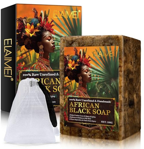 African Black Soap for Face & Body Wash, Raw Unrefined Natural Soap for Acne, Blackhead Removal, Fades Dark Spots, Hydrates & Balances Oily Skin, Anti-Ageing