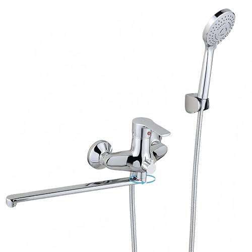 Shower Mixer Tap with Shower Head, Hose and Holder Set, Wall Mounted Single Lever Bath Mixer Tap Faucet with 3-Spray Handheld Sprayer, Zinc Alloy Bathroom Bathtub Tap with Extended Spout
