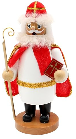 Dekohelden24 Holz Rauchfigur, Räucherfigur, Räuchermännchen, Räuchermann als St. Nikolaus mit Stab und Bibel in der Hand im roten Gewand, L/B/H 11 x 8 x 20 cm.