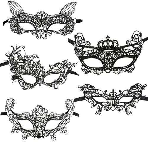 LONZIKP 5 Stück Sexy Lace Augenmaske für Frauen, Venezianische Spitze Maske, Maskerade Maske für Halloween Karneval Abendkleid Tanz Ball Party (Schwarz)