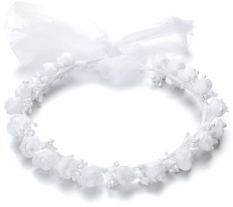 Merroyal Corona di fiori di rosa bianca, copricapo per prima comunione, corona per capelli da matrimonio con dettagli in chiffon (bianco, taglia unica)