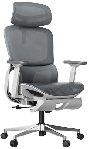 Hbada P2 Ergonomischer Bürostuhl, Bürostuhl mit 3D-Lendenwirbelstütze, Mesh-Stuhl mit 3D 360° drehbaren Armlehnen & 3D-Kopfstütze, 135° stufenloser Neigungsfunktion, Weiß (mit Fußstütze)