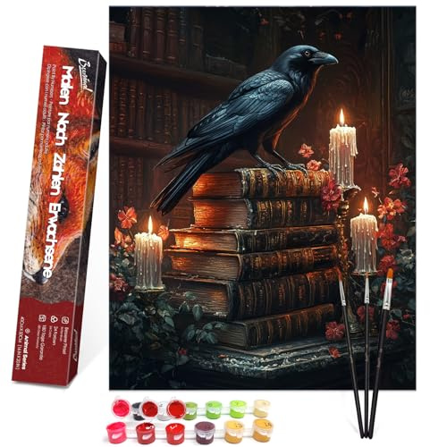Bougimal Pintura por Números Adultos Animal con Pinceles y Pinturas Acrílicas - 40 x 50 cm, Sin marco, Cuervo y libros