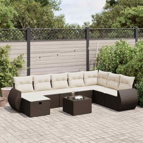 Gecheer Set Divani,con Contenitori,da Giardino,Esterno,9 pz,con 7 Posti,con Poggiapiedi e Tavolo,in Polyrattan,Marrone e Crema,Salotto da Giardino,Esterno,Set Divani da Giardino