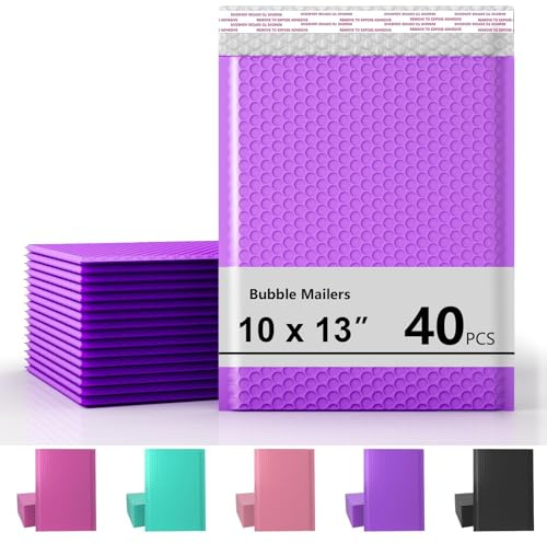 10 x 13 Inch Bubble Mailer 40 Pack, Waterproof Padded Envelopes with Strong Self-Seal Adhesive, Cushioning Shipping Bags with Bright Color for Small Business - Purple