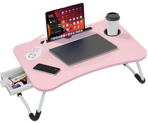 Foldable Laptop Table with USB Ports, Drawer, Cup Holder&Tablet Slot, Pink | Small desk with fan and lamp for bed,sofa,floor, balcony. Ideal for reading, studying, having breakfast, gaming, or working.