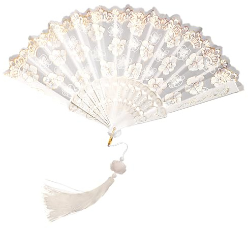 REKUA White Hand Folding Fans, Chinese Hand Fans for Women Folding, Portable Embroidered Fabric Fan for Performance Dancing Cosplay Wedding Party Props Decoration