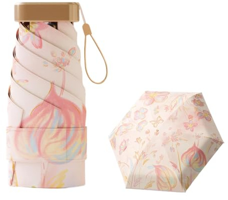 Meichoon UPF50+ Protección UV Paraguas de viaje compacto y liviano Mini portátil a prueba de viento Fuerte impermeable Sombrilla de sol plegable Diseño de flores de moda para mujeres