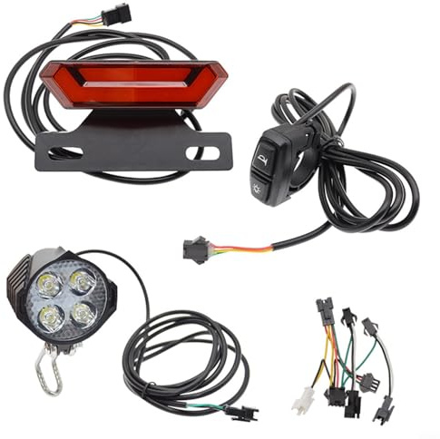 CashMuch Electric Bike Lighting Set 24V-48V LED Headlight and Taillight Kit with Control Switch for Ebikes 6 Pin Connection 1500mm Cable