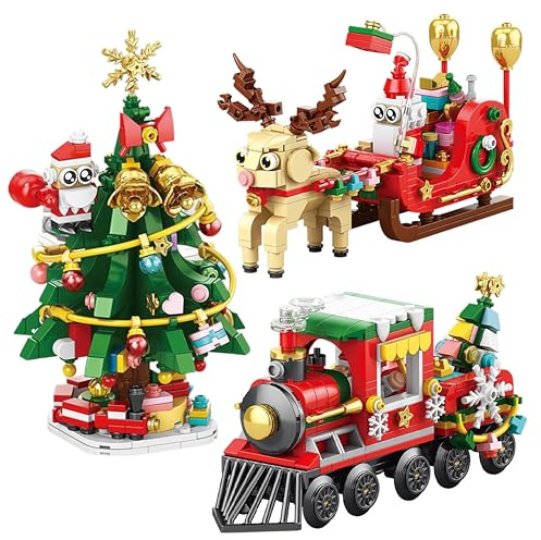 Christmas Building Block Set – 3 Pack Festive Figures, Christmas Tree, Train and Santa Sleigh with Reindeer – 1100+ Pieces – Compatible with Major Brick Brands – Gift for Boys & Girls Age 6+