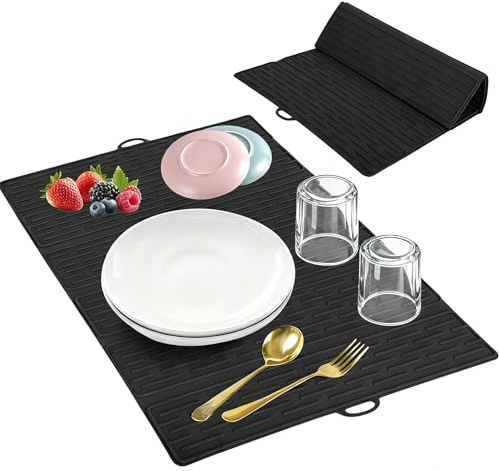 HONZUEN Torkmatta för disk, 50 × 40 cm, dräneringsmatta i silikon, vikbar värmebeständig, halkfri dräneringsdyna för köksbänk, diskdräneringsmatta för handfat och bordsskydd, svart
