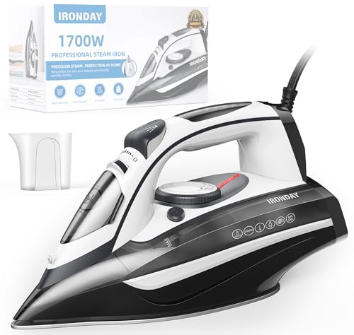 IRONDAY Steam Iron for Clothes 20s Fast Heat-up,1700W Iron with 14.07oz Large Water Tank,Non-Stick Ceramic Soleplate, Anti-Drip, Auto-Off, Burst Steam, Self-Cleaning, Ironing Clothes for Home, Grey