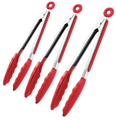 Luftfriteringstänger i rostfritt stål – 3- köksredskapsset, värmebeständiga silikonspetsar, kökstänger, låsmekanism, non-stick grepp | 18-30 cm matlagningstång för grill, sallader, efterrätter