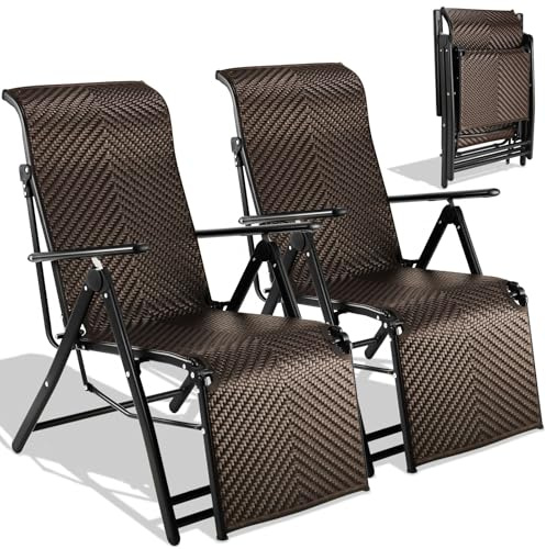 LIFERUN 2PCS Rattan Liegestuhl mit Fußstütze, Hochlehner Wetterfester Klappstühle, Gartenstühle mit 7-Fach Verstellbarer Rückenlehne, Atmungsaktiv Sonnenliege, für Balkon, Garten und Terrasse
