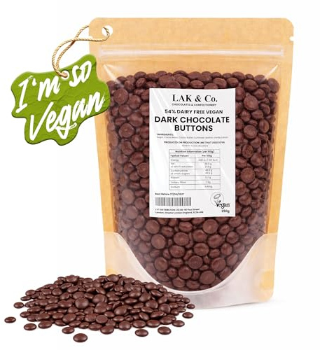 Dark Chocolate Buttons for Baking 250g, 54% Cocoa Vegan Drops, Dairy Free, No Palm Oil, British-Made with Real Cocoa Butter, LAK & Co Couverture for Cookies & Brownies