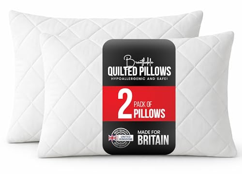 Sunshine Comforts Pillows with Quilted Cover, Pillows 2 Pack, Hotel Pillows, Soft Microfibre Neck Pillow, Bouncy Firm Pillows, Side Sleeper Bed Pillow for Shoulder, Back & Neck Pain Relief, 75x50cm