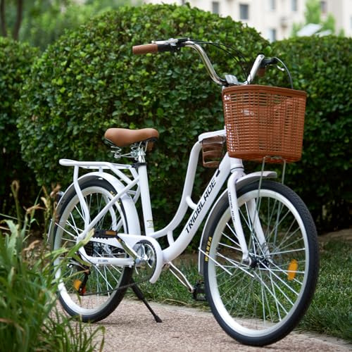 KernGut Women City Bike 24/26Zoll mit Korb,7-Gang Damenfahrad mit Tassenhalter und Reflektoren,Doppelscheibenbremse,Gepäckträger,Verstellbaren Armlehnen und Sitz,Komfort Vintage Fahrra (Weiß, 26 Zoll)