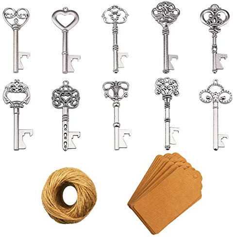 Apribottiglie chiave - 50 pezzi Apribottiglie chiave scheletro vintage con carta regalo Kraft e spago per bomboniere Decorazione rustica antica per feste (10 stili, argento)