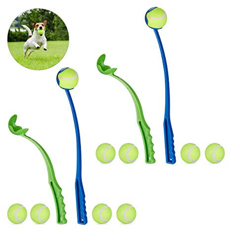 Relaxdays 4 x Ballschleuder für Hunde, Ballwerfer Set, inklusive 10 Tennisbälle, Ballwurfarm, Hundespielzeug Werfer, blau/grün