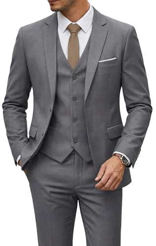 YND Men's 3 Piece Suit Set with Tie, 2 Button Slim Fit Solid Blazer Jacket Vest Pants, Business Wedding Party Suits for Men, Light Grey