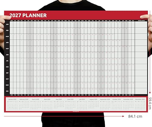 Planificador de pared 2027 A1 con vista anual completa, calendario grande de 84 x 59 cm, plegable a A4, ideal para el hogar, oficina, escuela y planificación (rojo)