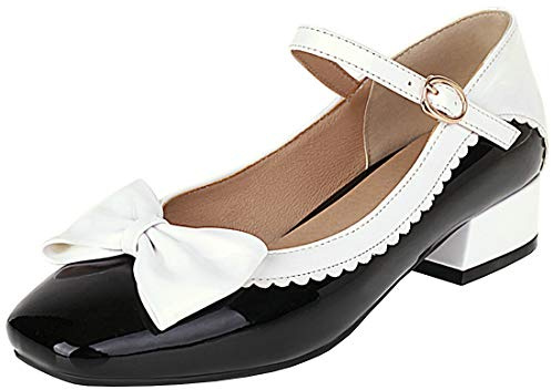Etebella Damen Mary Jane Blockabsatz Pumps Lack mit Riemchen und Schleife Rockabilly Schuhe (Schwarz,39)