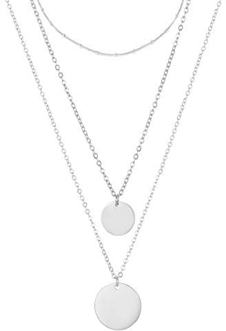 BONNYBIRD® Ketten Set Layering Kette Silber Damen Edelstahl mit Plättchen Anhänger Mehrreihig Multi Layer Halsketten Silberkette Frauen Lang Dreifach Boho Doppelkette Coin Wasserfest Schmuck