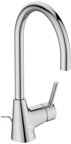 Ideal Standard BC195AA Ceraline Waschtischarmatur mit Ablauf, hoher Auslauf, Bad-Wasserhahn mit 360° schwenkbarem Auslauf, Mischbatterie Waschbecken, Wassersparend, Chrom