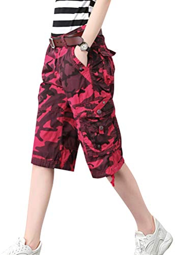 Minetom Bermuda Cargo Shorts Damen Knielang Sommer Kurze Hose Frauen Lose Stretch Boyfriend Knopfleiste Tasche Tarnung Stoffhose Freizeithose Große Größen Y1 Rot XL