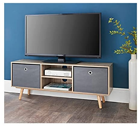 spot on dealz® Oak TV Stand Cabinet with 3 Shelves Grey Fabric 2 Non woven Baskets TV Unit Shelving and Storage Stands for Living Room Drawers Boxes Room Organizer