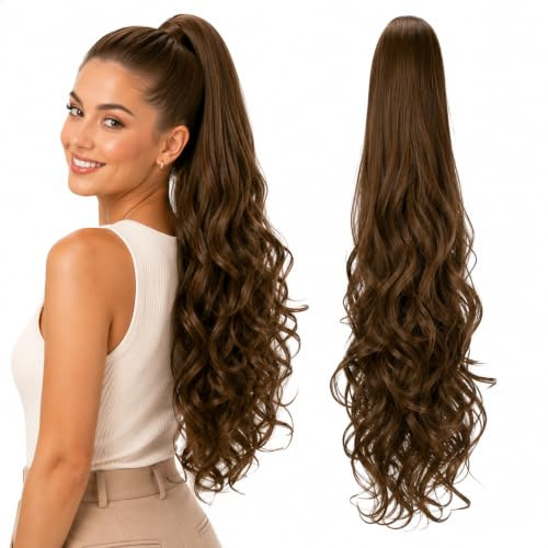 CAISHA 60cm Haarteil Ponytail Zopf Pferdeschwanz Haarverlängerung Voluminös Leicht Gewellt Braun H518