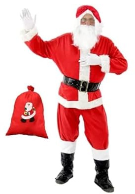Costume de Père Noël, 7 pièces, Costume Déguisement Complet, Adulte Déguisement de Pere Noel avec Barbe Bonnet Ceinture Sac Bottes