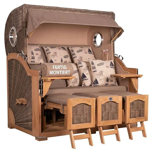 MR. DEKO® Strandkorb Düne Grande XXL 3-Sitzer Teak | PE Geflecht Grey | Volllieger Strandkörbe Teakholz fertig montiert | 2 Bullaugen & 3 Fußablagen | Liftersystem & Polster & 6 Kissen | Dessin 540