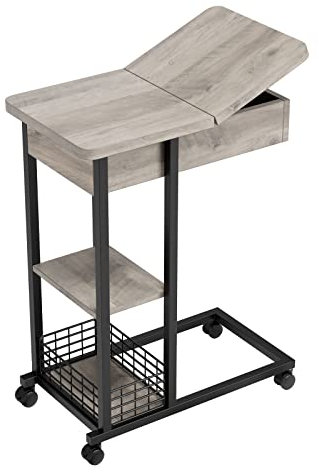 HAUSPROFI Beistelltisch, C-Form Sofa-Beistelltisch mit Rollen für Wohnzimmer und Schlafzimmer, schmaler 3-stufigem Ablagefach Kaffee Laptop, Industrie-Design, Grau, MK-ET-PHO_0V385OZN
