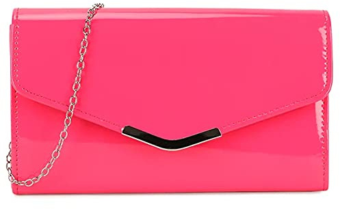 UShopUK Sac à main en cuir verni uni pour mariage ou soirée, rose fuchsia, medium