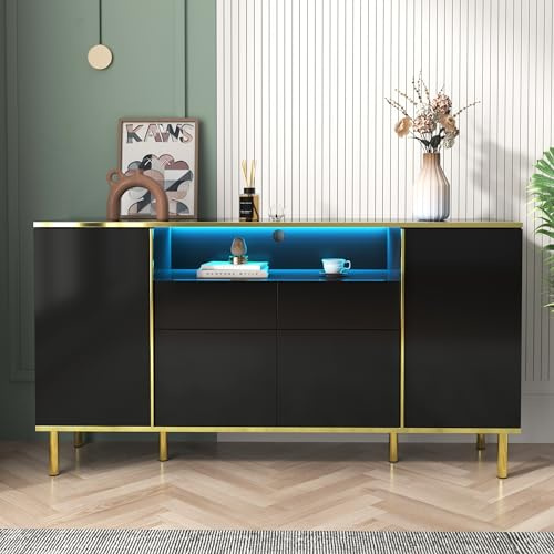 Merax Anrichte,Hochglänzendes schwarzes Schubladen kommode mit 2 Schubladen Kommode Schlafzimmer Schubladenschrank, Hochglänzendes schwarzes Sideboard-B150/T40 /H80cm