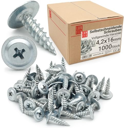 LUN FIX selbstschneidende schrauben 4,2 x 16 mm 1000 Stk verzinkter Stahl | blechschrauben mit Tellerkopf und Kreuzschlitz Kunststoff und metallplatte sicherer Halt für Blech Holz