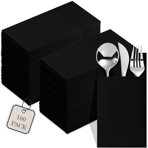 100-Pack Disposable Napkins With Pocket For Flatware, Black Napkins Paper For Wedding, Dinner Or Party, Built-In Pocket For Silverware, Prefolded