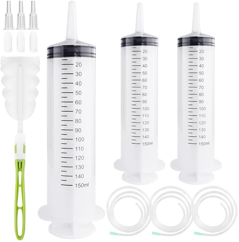 Omsscun 3Pcs Large Syringe 150ml, Reusable Plastic Syringe with Tube and Sponge Bottle Brush, Syringes for Liquid, Oil, Pet Feeding, Plant irrigation Labor&Science Use
