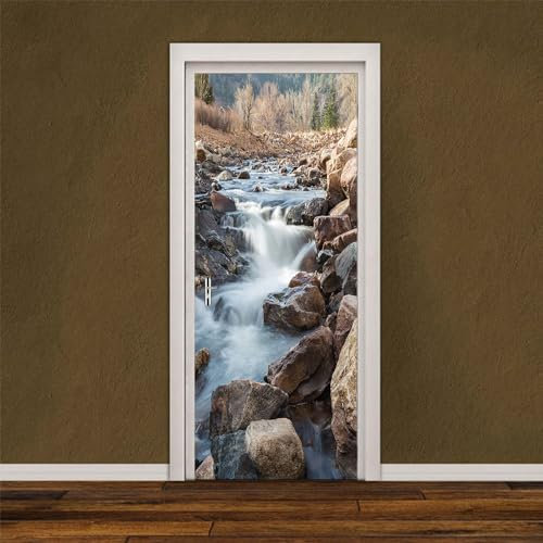 Türaufkleber 3D Wasserfall Stein Selbstklebend Türtapete Moderne PVC TürPoster Abnehmbar Türfolie Poster Stickers für Schlafzimmer Wohnzimmer Küche, 38.5x200cmx2pcs