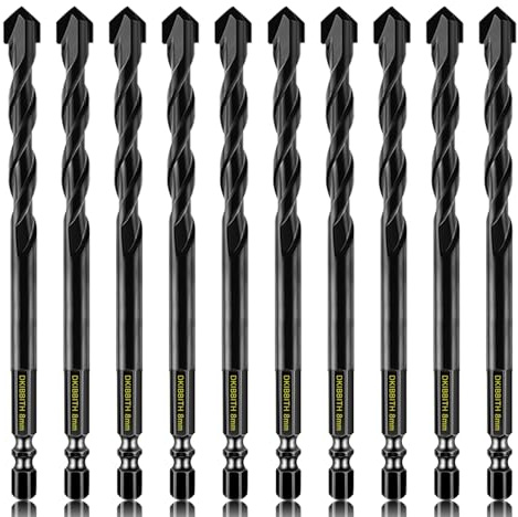 10 Pcs 8mm Masonry Drill Bits Set, Carbide Concrete Drill Bits for Brick, Stone, Concrete, Tile, Ceramic, Porcelain, Glass, Plastic, Wood and More, Quick Change 6mm Hex Shank, with Sturdy Case