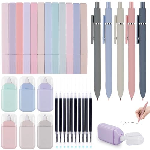 PRITOK Evidenziatori estetici, set di 33 evidenziatori pastello, penne esthetic, gomma, matita, evidenziatore, penna gel, nastro correttivo, mina a matita, materiale scolastico estetico per la casa,