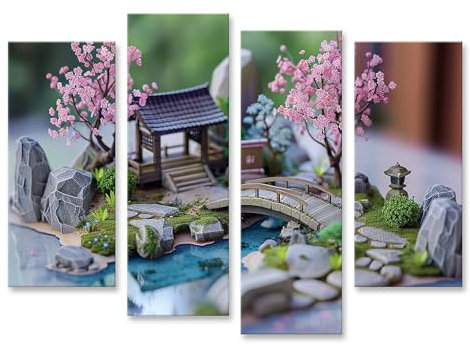 islandburner Tableau sur toile miniature jardin zen japonais avec cerisier en fleurs, petit pont, rochers, étang images murales poster