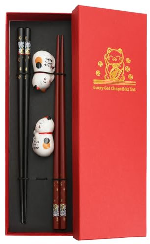 Palillos de Madera para Sushi con Base de Cerámica, Juego de Palillos de Madera Sostenibles Japoneses, Comer Comida Japonesa con Palillos de Madera, Juego de Palillos Japoneses con Diseño de Gato